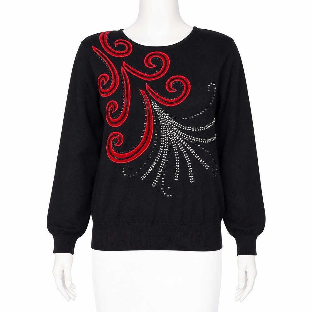 Pierre Cardin Sweater Women M Black Red Swirl Beaded Sequin Lambswool Blend Knit
